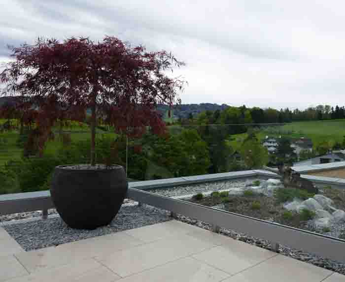 Räume verbinden - Durch die Kiesbeete entsteht die Verbindung der Dachbegrünung zur Terrassenbepflanzung